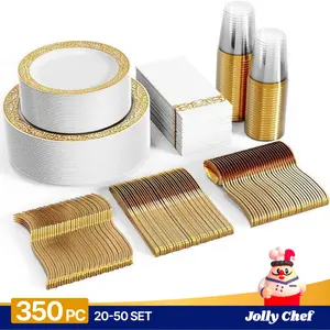 Gold/Silver/Black/White/Rose 25set(175pc) or 50set(350pc) Disposable Plates and Tableware Set : Dinner Plates,Dessert Plates,Cups,Napkins,Knife,Forks,Fpoons-Perfect for Luxury Party Reusable | BPA Free Dinnerware Service Set Porcelain Dinnerware Set