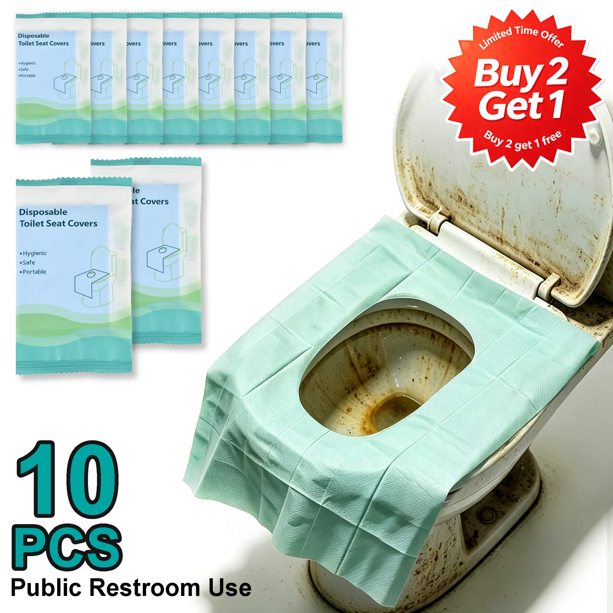 GGPOOM Toilet Seat Covers Disposable Travel Pack 10 count｜Faster use-Sticker free｜Waterproof｜XL Disposable Toilet Seat Cover for Adults and Kids, Individually for Public Restroom/Airplane (10pcs)