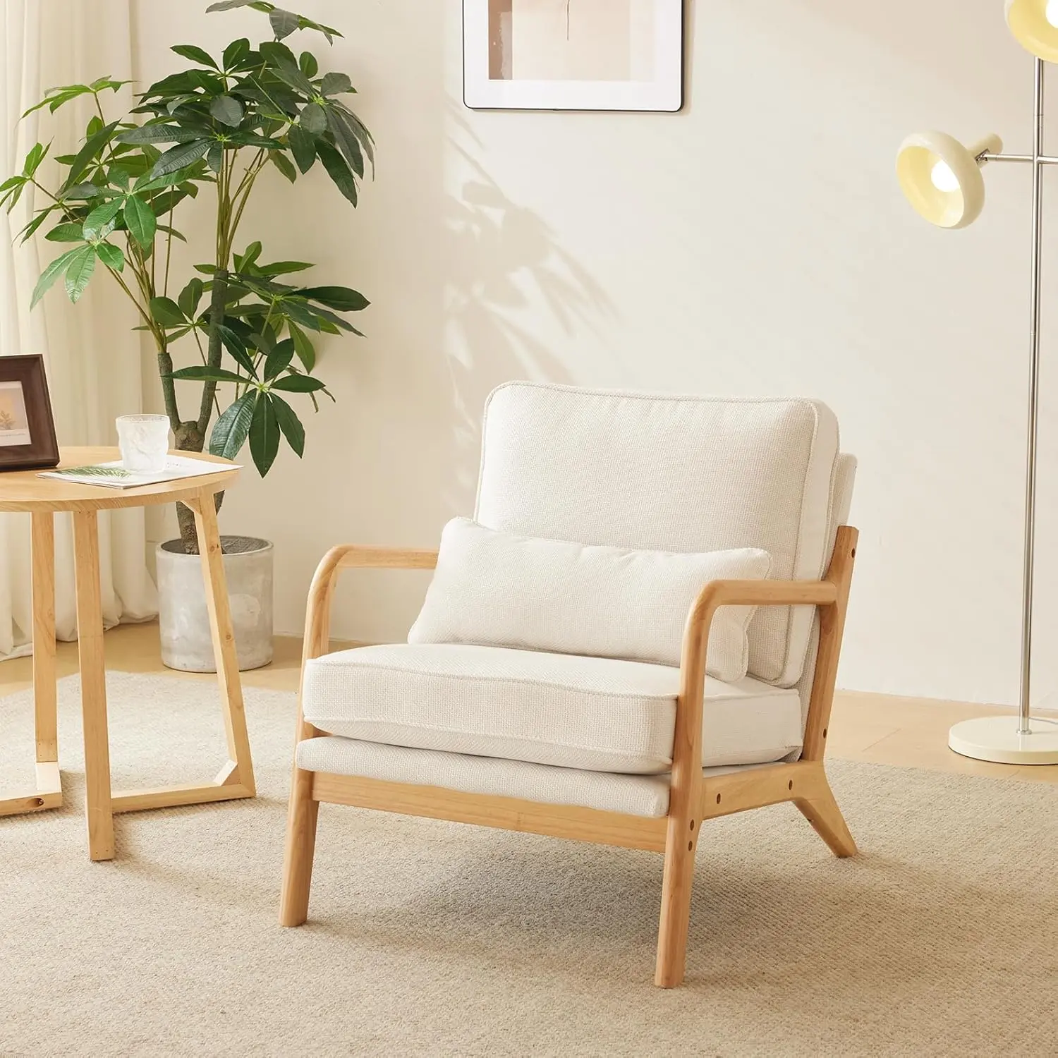 VINGLI Coarse Linen Beige Comfy Accent Chair, Mid Century Modern Lounge Armchair for Living Room, Upholstered Reading Chair for Bedroom, Cushined Corner Side Wooden Arm Chair for Room