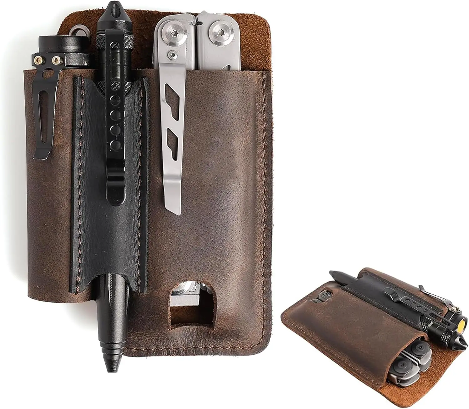 Leather Multitool Sheath with Belt Clip - Multitool Holster for Belt - EDC Belt Organizer Fits, Flashlight, Pen - Leather Pouch - Holder