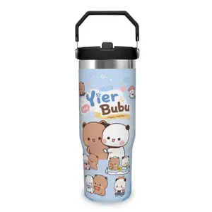Yier and Bubu Viral Aesthetic 30oz Tumbler, Insulated Stainless Steel Water Bottle with Folding Straw & Handle, Car Cup Holder Friendly Travel Thermos Cup, TikTok Trending Cute Hydration Mug for School, Office, Gym, Daily On-the-Go Use
