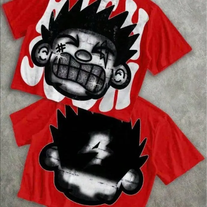 Manfinity Roghcode Men's Oversized Distressed Funny Diamond Teeth Tattoo Big Face Allover Print Cropped Loose T-Shirt