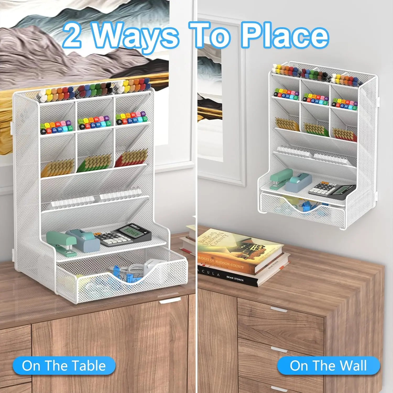 Multi-Functional Desk Organizer with Drawer - Aesthetic White Pen Holder & Wall Mount Storage for Art Supplies & Office