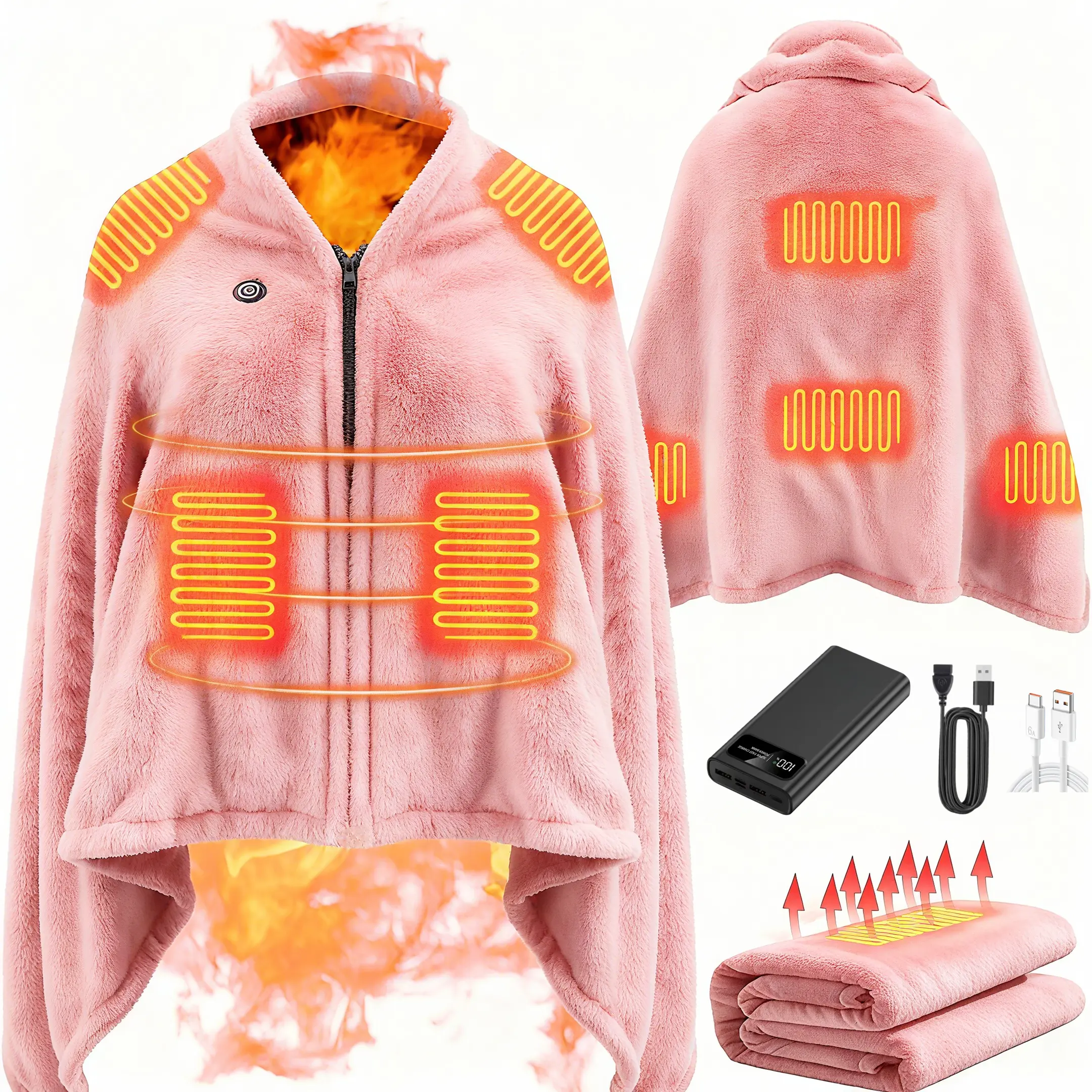 Portable USB Heated Blanket Shawl with 20000mAh Battery: 63"x33.5" Wearable Electric Throw, 15s Fast Heating, 3-Temp & Auto Shut-off, Machine Washable Velvet Flannel for Camping, Office & Travel - Mother’s Day & Birthday Gift