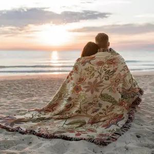 Flowers and fruits Pattern Yarn Woven Portable Bohemian Outdoor Camping picnic blanket Blanket with Fringe, All Weather Easy To Care, Colorfast Chunky Soft Throw, Used for Picnic Travel Garden Office Nap Home Decor Bed Chair Tapestry Tablecloth