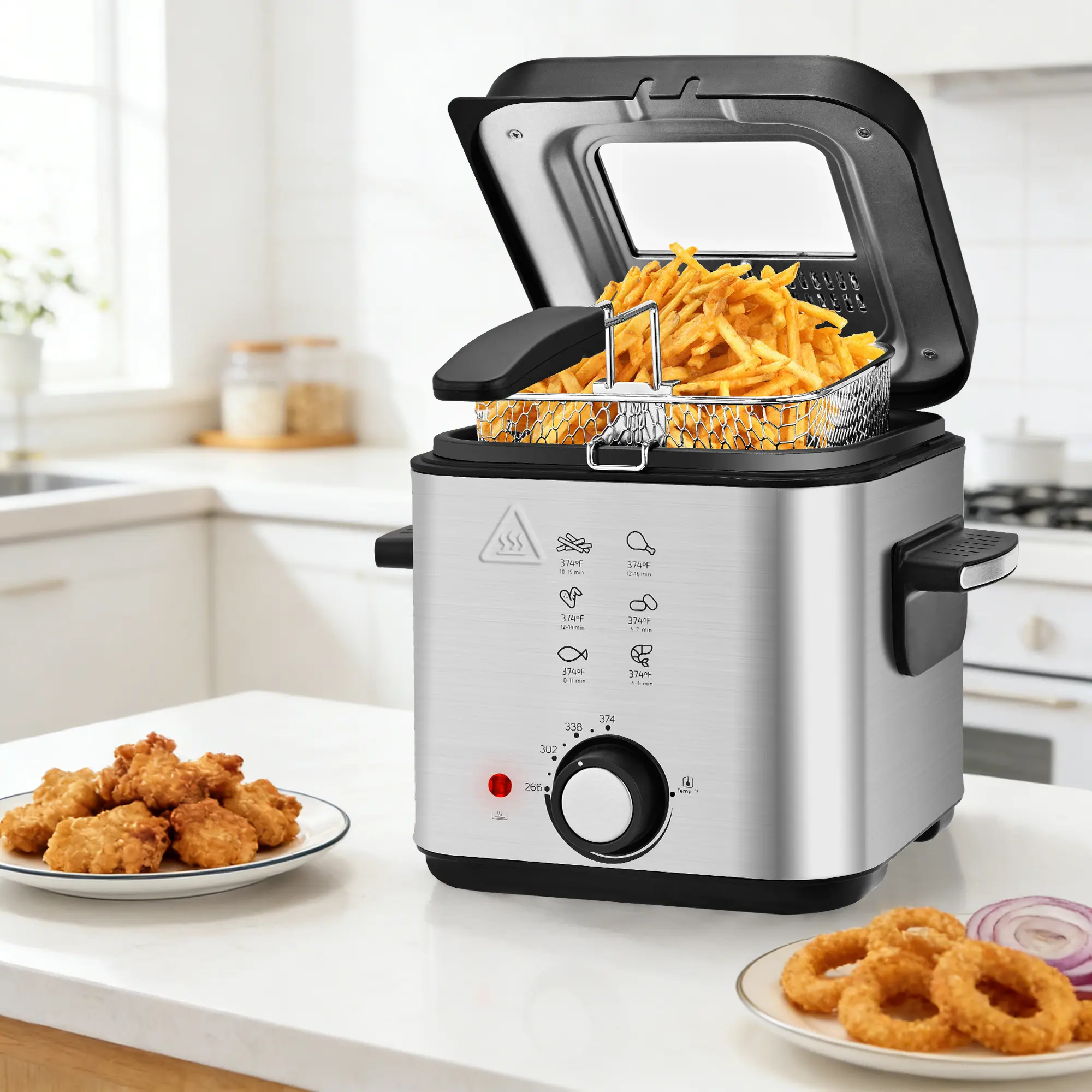 SUSTEAS Electric Deep Fryer 1500W with Basket & Temp Control 2.5L/1.5L Non-Stick Pots Removable Lid Easy-Clean for Crispy Perfection
