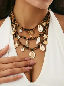 Boho Metal Starfish Shell Conch Pendant Necklace Set, Vintage Ocean Style Jewelry for Women, Daily & Vacation Wear, 3 Piece Set