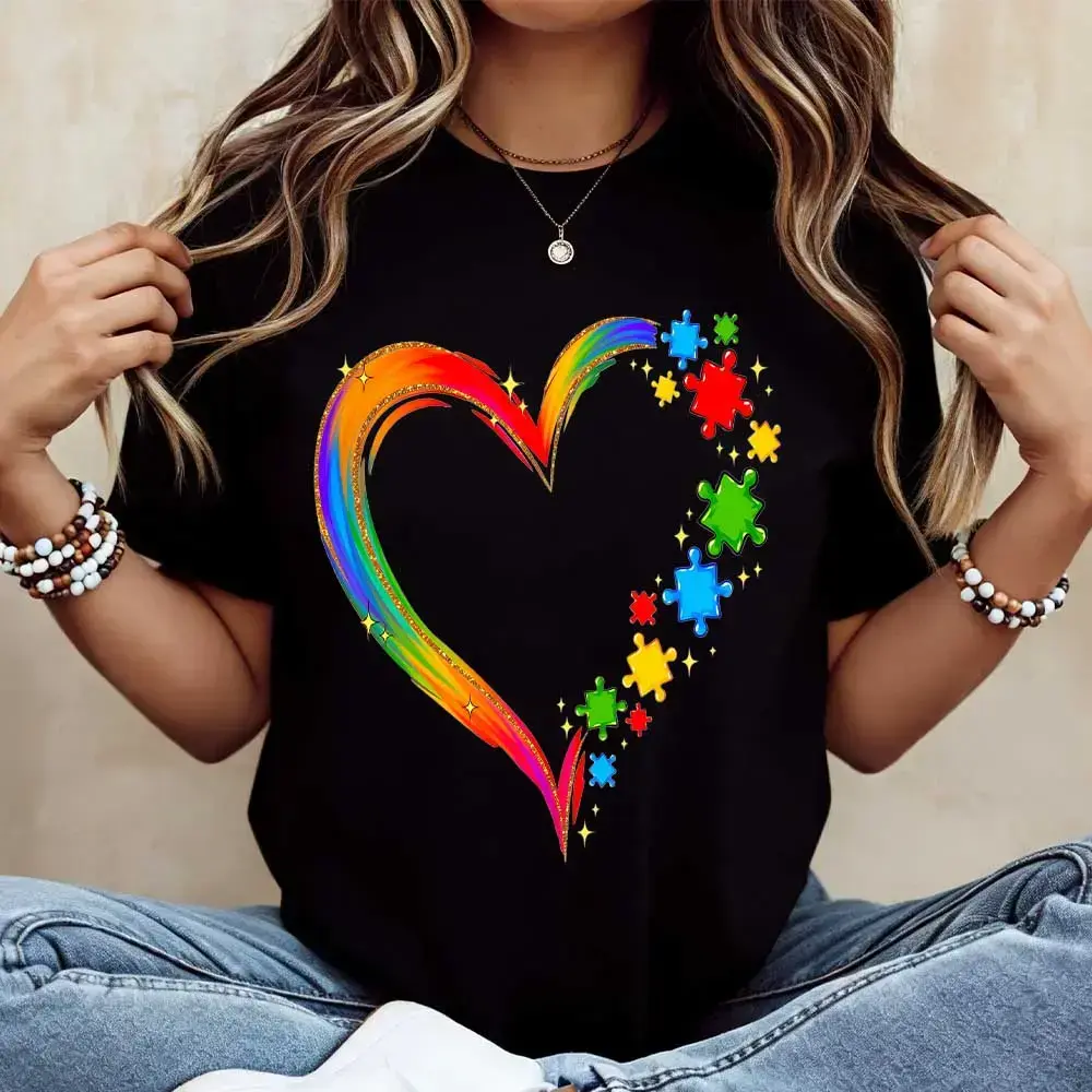 Rainbow Heart And Puzzle Pieces Print T Shirt  Casual Loose Fit For Autism Awareness Daily Wear1James men's shop