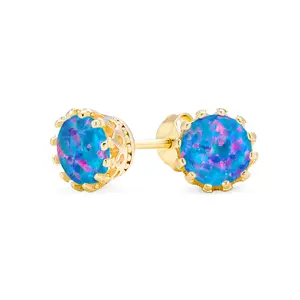 Crown Set Created White Opal Solitaire Stud Earrings Rose Gold Plated Sterling Silver 6MM