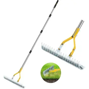 Thatch Rake, 15-Inch Steel Lawn Dethatcher with Handle, Heavy Duty Grass Cleaning Tool for  Grass and Soil Loosening, Versatile Yard and Garden  (Black+Metallic )