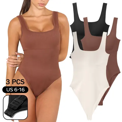 KatchMe Womenswear 3 Pack Solid Color Shaping Bodysuit (Live),Multipack Stretchy Sleeveless Tank,Square Neck Crotch Buckle Tummy Control Shapewear
