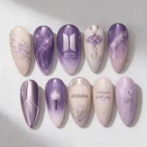 Purple Chrome Galaxy Kpop Arirang Album Press On Nails, 2026 BTS Comeback Deep Purple Glitter False Nail