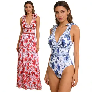 Amoyer Swimdress Swimming V Neck Women's Blue/Red/Purple/Green Print One-Piece Swimsuit and Matching Cover Skirt Set Summer Swimdress Swimming  Bathing Suit Stylish,Swimsuit Bodysuit Tops Beach Skirt 2 Piece Swimsuit Outfits