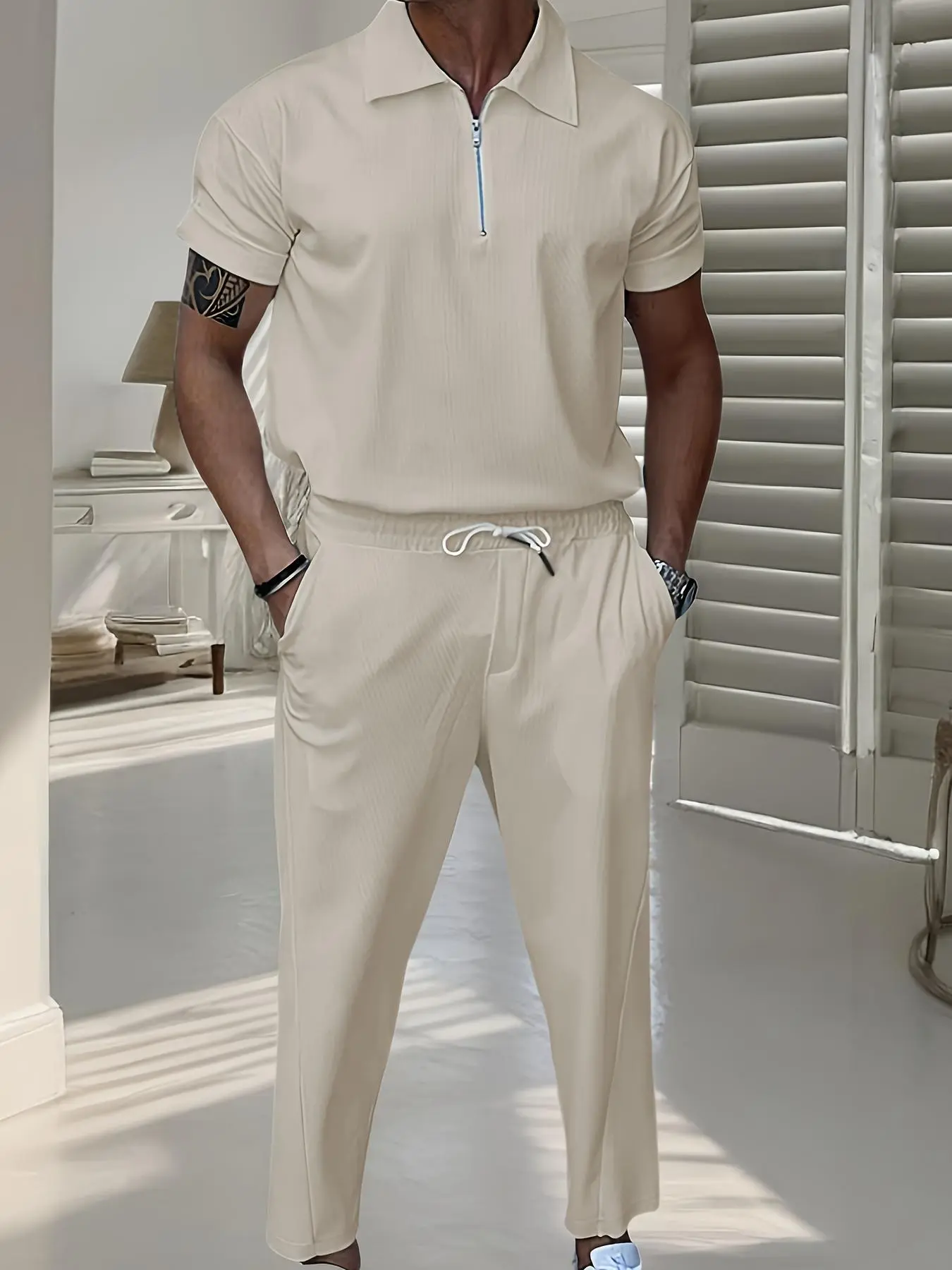 Men's Solid Half Zip Polo Shirt & Pants Summer Sportswear Set, Casual Sportswear Outfit, Casual Athletic Clothing, Regular Fit Breathable Short Sleeve for Daily Outdoor Wear, Athletic Tracksuits