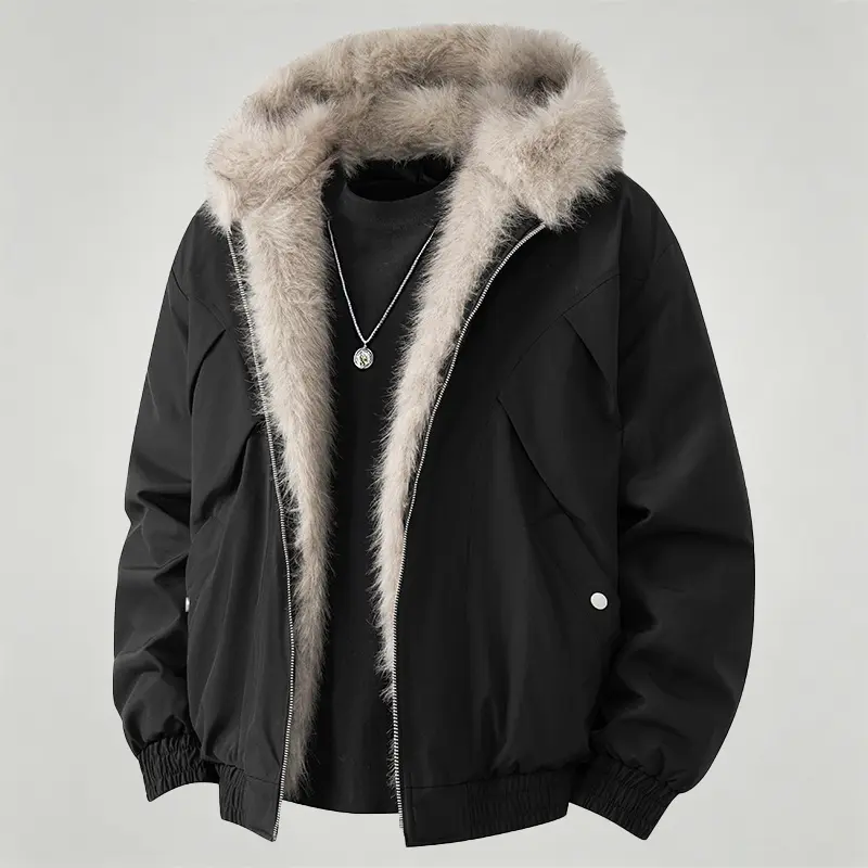 Fashionable casual Artificial fur collar jacket ，with hooded zipper closure long-sleeved coat for streetwear outfits and winter outfits Faux Fur Lining