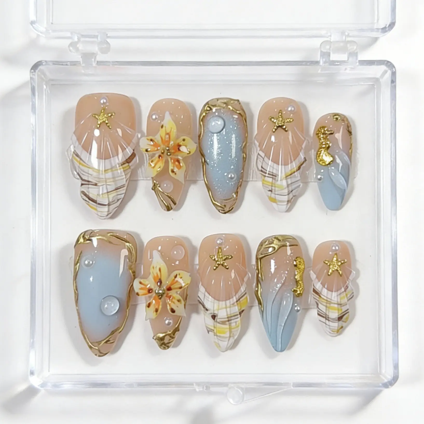 TADA NAILS | Oceanic Blush 10PCS Handmade Press On Nails REUSABLE 3D Gel fake nails acrylic press nails /2025