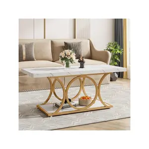Indoor furniture  Tribesigns Rectangle 47.24 inch Modern Tables for Living Room 2 Tier Faux Marble Wood Coffee Table Geometric Metal Legs Home Furniture with Storage Shelf