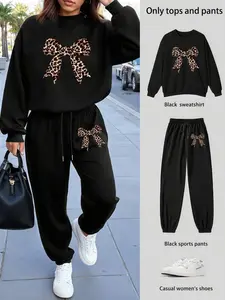 Women's 2-Piece Set Round Neck Long Sleeve Leopard Sweatshirt Top and Drawstring Waist Casual Pants Outfit, Fall & Winter Two-Piece Set Womenswear