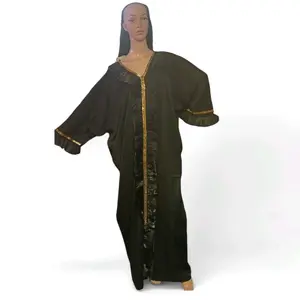 Luxury Black Kaftan Elegant Flowing Abaya Dress Unisex Style with Gold Trim and Ruffled Sleeves
