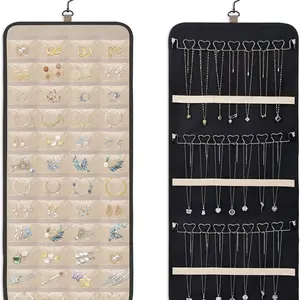 Large Storage Roll for Earrings, Necklaces, Rings, 48 Pockets 21 Hooks, Durable Oxford Fabric, Closet, Wall, Door Organizer