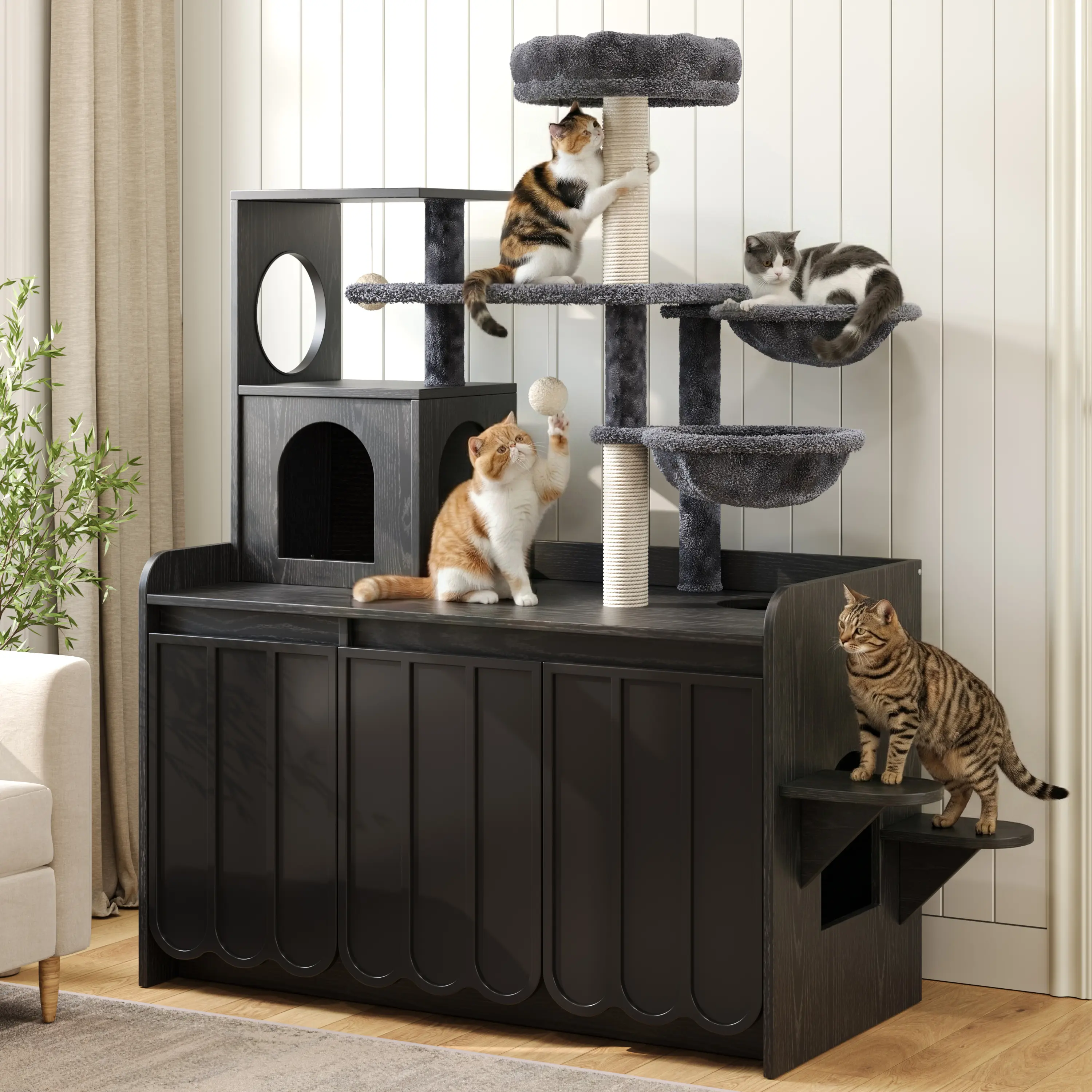 50.6" Cat Tree with Litter Box Enclosure, Cat Tower with Sisal Scratching Post and Storage Space, Hidden Litter Enclosure Furniture, All-in-One Modern Cat Condo with House, Hammock and Perch
