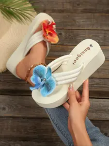 Women's Fashionable Flower Decorated Platform Sandals, Casual Comfortable Wedge Sandals for Summer, Non-slip Beach Slippers for Women & Girls, Walking Shoes