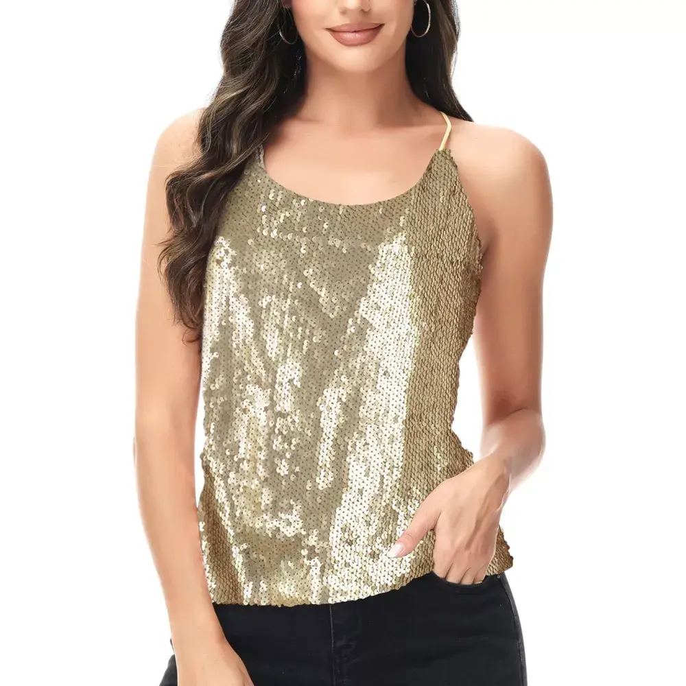 Anna-Kaci Sequin Tank Top for Women, Shimmering Racerback Pullover with Spaghetti Straps and Scoop Neck for Parties, Bottoms, Garment, Blouse, Chic