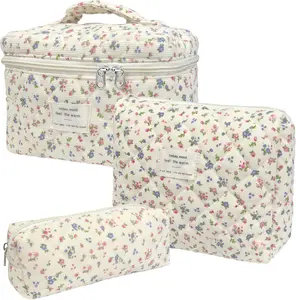 FeverLZong 3pcs Set Floral Print Makeup Bag, Large Capacity Quilted Cosmetic Organizer with Pouch and Pen Holder - Portable Travel Beauty Case