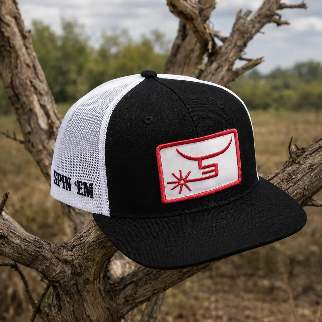 Spin' Em Embroidered Snapback, Black White Mesh Breathable Snapback, Embrodiered Patch Outdoor Hat