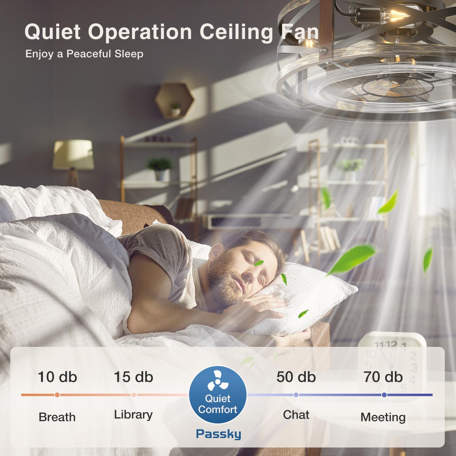 20" Caged Ceiling Fan with Light and Remote, Low Profile Flush Mount Fandelier, Black Bladeless Enclosed Small Fan Lights Ceiling Fixtures, Rustic Farmhouse Style for Bedroom, Outdoor