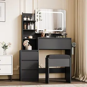 Vanity Desk With Mirror and LED Lights, 36-Inch Makeup Vanity Desk, Power Outlet, USB Ports, Stool, 3 Color Adjustable Light, Dressing Table With 4 Drawers, Storage Shelves for Bedroom