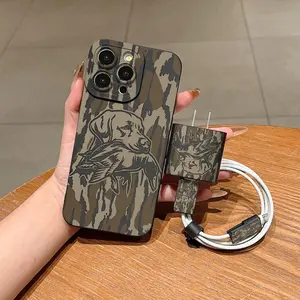5 Piece Set Camouflage Hunting Phone Case, Charger Head Cover, Cable Protector, Storage Rope, Anti-Drop Shockproof Tpu Case for iPhone 6-17 Pro Max