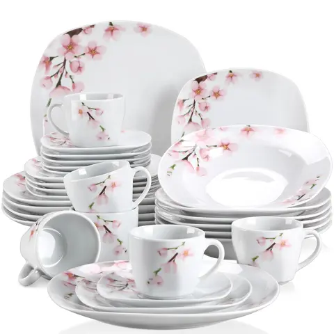 VEWEET Cutlery, Porcelain Dinnerware Sets for 4/6, White Tableware Dish Set with Pink Floral, 18/20/24/30 PCS Series Annie Winter Holiday