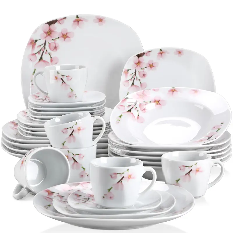 VEWEET Cutlery, Porcelain Dinnerware Sets for 4/6, White Tableware Dish Set with Pink Floral, 18/20/24/30 PCS Series Annie Winter Holiday
