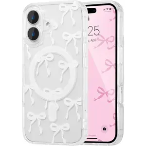 Magnetic for iPhone 17 Case, Bow Case Compatible with MagSafe, Wireless Slim Clear Ribbon Aesthetic Phone Cover Anti-Yellowing Shockproof Protective Cover for Women Girl - White