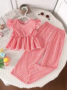 Girls Plaid Ruffle Sleeve Blouse & Elastic Waist Pants Set, Casual Summer, Kids Fashion, Two-Piece Set, Summer Clothing Set