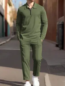 Men's Plain Waffle Knit Long Sleeve Shirt Set, Simple Sporty Casual Style, Practical Pocket Design, Comfortable and Fashionable, All Seasons Wear