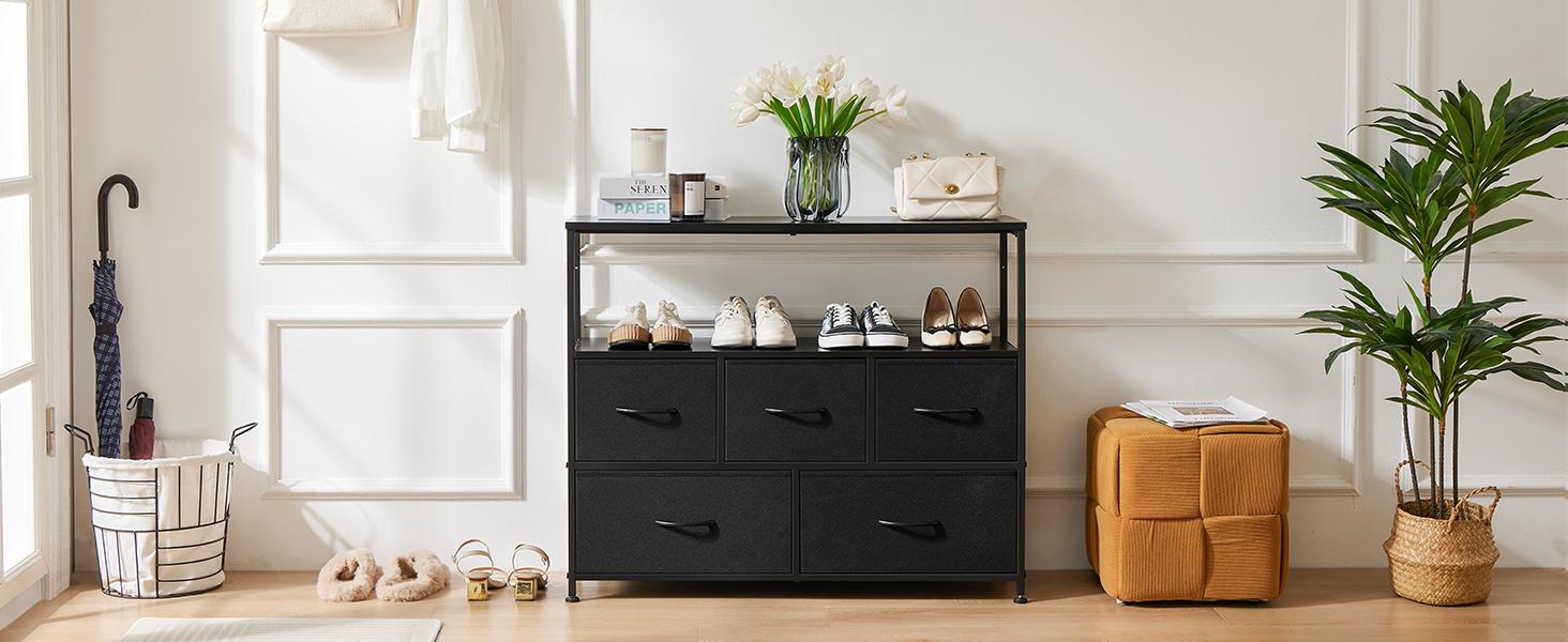 Entertainment Center with 5 Fabric, Media Console Table Open Storage Shelf Dresser for Bedroom/Living Room/Hallway, TV Stand with 5 Drawers