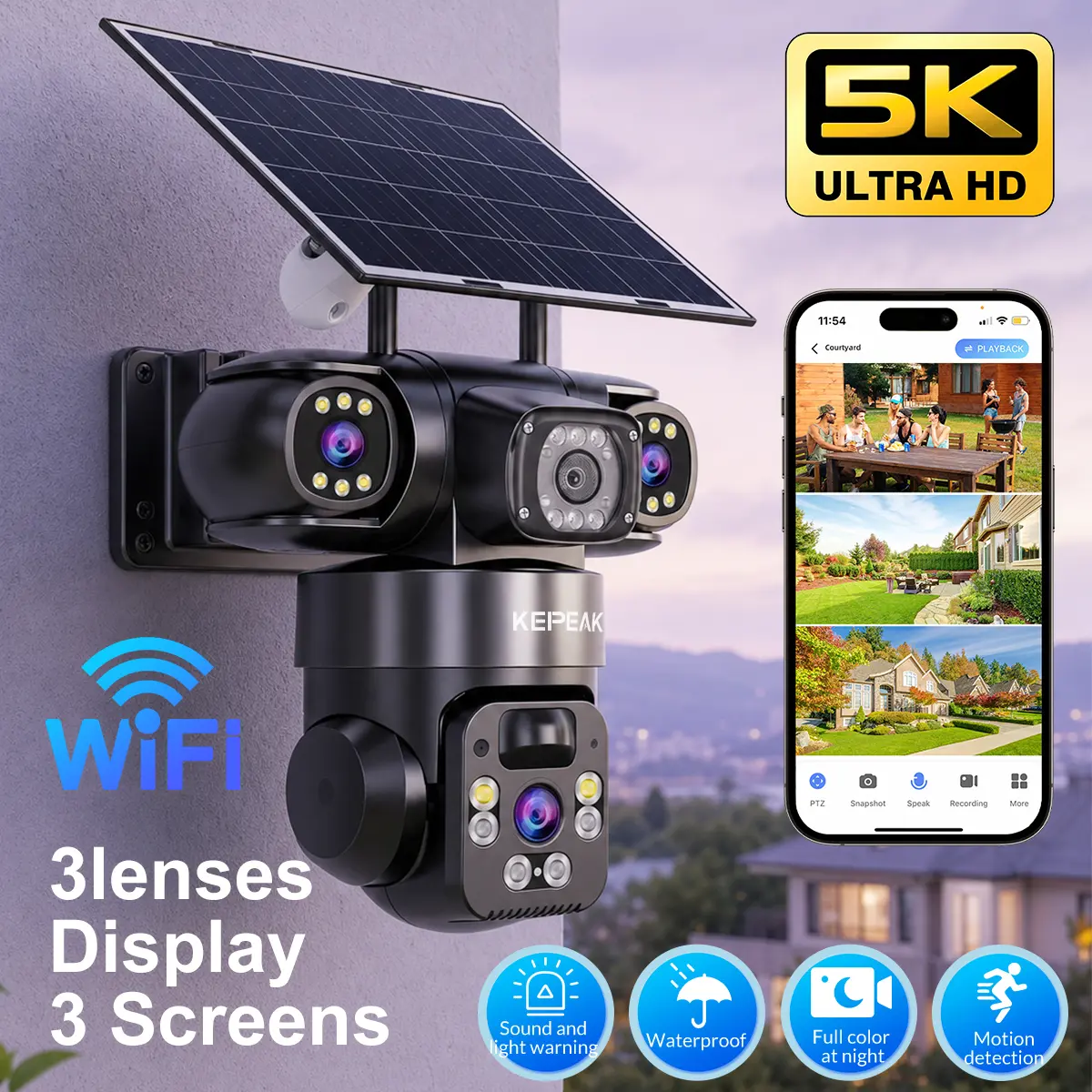 Triple Lens Solar Security Camera 3 Screens 5K 360° PTZ Wireless Outdoor Spotlight Full Color Night Vision AI Human Detection Two Way Audio 8000mAh Battery IP66 Waterproof