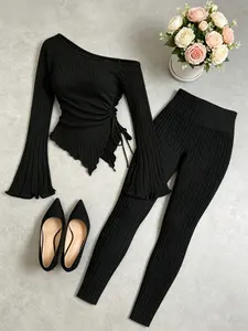 Women's Solid Ribbed Long Sleeve Top & Skinny Pants Two-piece Set, Casual Fashion Cozy Top & Trousers for Daily Outdoor Wear, Loungewear, Ladies Clothes for Summer, Pajama, Womenswear