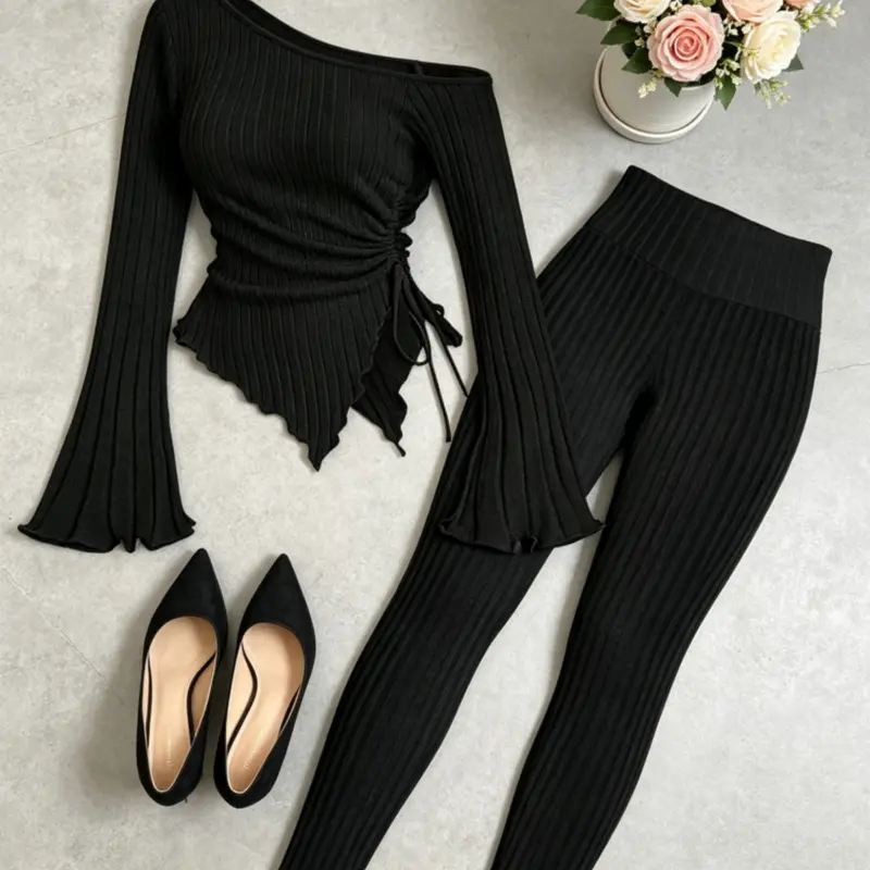 Women's Solid Ribbed Long Sleeve Top & Skinny Pants Two-piece Set, Casual Fashion Cozy Top & Trousers for Daily Outdoor Wear, Loungewear, Ladies Clothes for Summer, Pajama, Womenswear