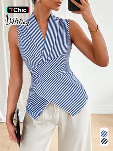 women's striped print blouse, elegant casual v neck sleeveless top for summer, ladies clothes for daily wear