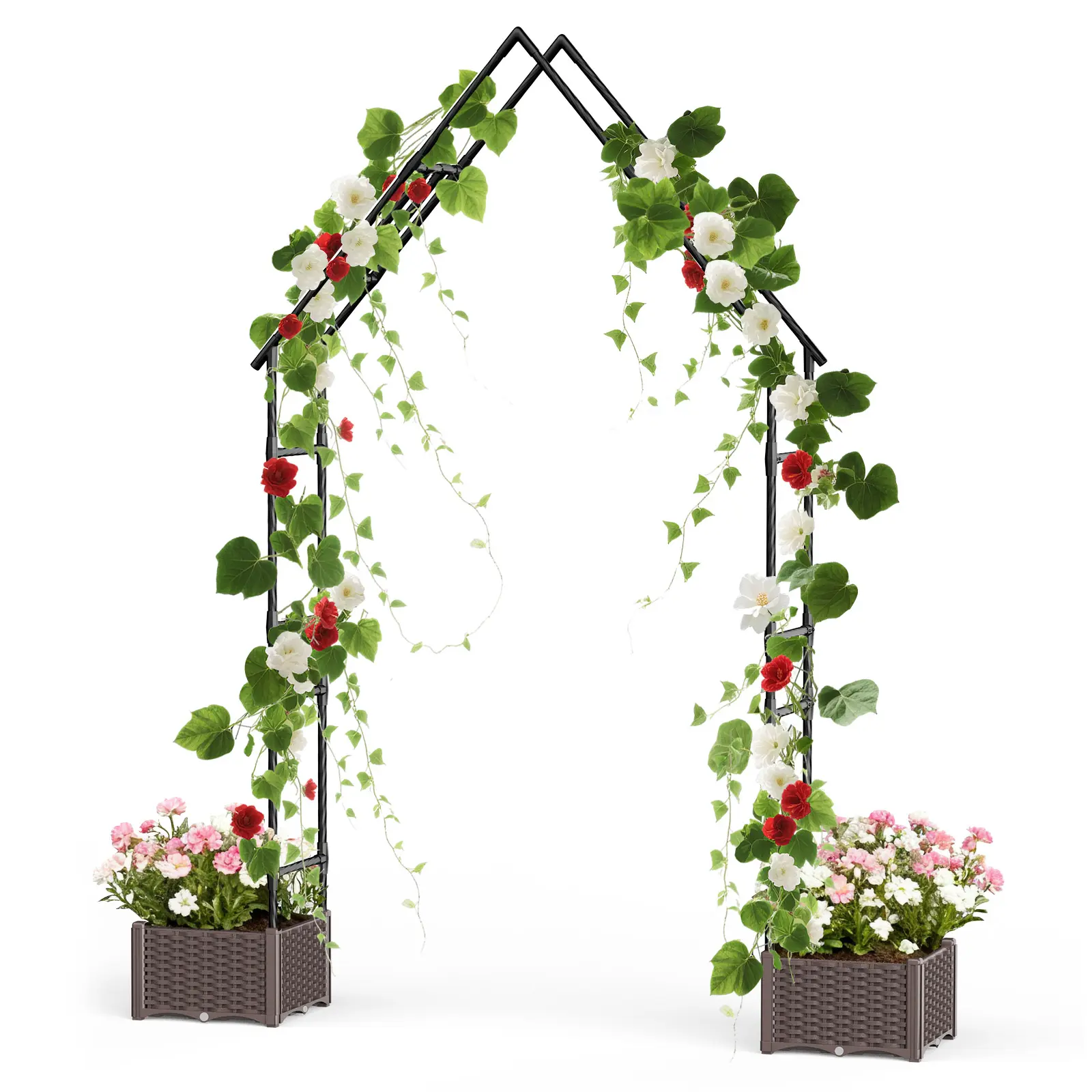Black Heavy‑Duty Metal Garden Arbor Trellis with Dual Planter Boxes – Weather‑Resistant Decorative Archway for Climbing Plants, Patio, Lawn & Backyard