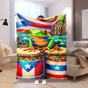 1 Piece Puerto Rico Coqui Frog Blanket - Digital Print, Crochet Weave, Anti-Pilling, Multi-Size, Bright Puerto Rican Flag Colors, Bongo Drum & Architectural Design, Soft Polyester Fiber All-Season Sofa Bed Blanket, Unique Gift for Family