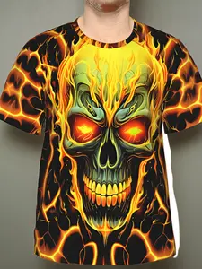 Men's 3D Printed Skull on Fire T-Shirt - Greenish-Gray Skull with Glowing Orange Eyes & Flames, Breathable Polyester Short Sleeve Round Neck Streetwear Tee Suitable for Daily Casual Wear, Fantasy Horror Style Graphic Top for Men