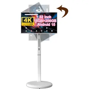 KVKID 32 Inch UHD 4K Smart Portable TV on Wheels, 16GB+256GB Storage, Android 15 OS, Rolling TV with Rotatable Touch Screen, Built-in Battery, Voice Remote, Full Rotation Mobile TV for Home, Outdoors