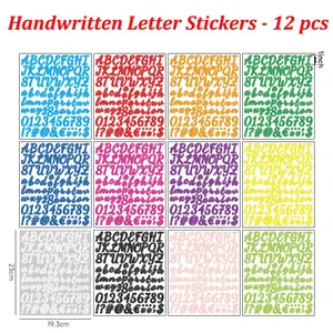 12Pcs Handwritten Letter Number Stickers - Colorful Alphabet Stickers for Scrapbooking, Journaling, Card Making and DIY Crafts