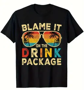 Cruise Humor "Blame It On The Drink Package" American Retro Black Short-Sleeved Unisex T-Shirt, Vintage Sunglasses & Palm Tree Graphic, Casual Streetwear for Cruise & Comedy Enthusiasts,  Y2K Tee Street Men's all-season comfort fit