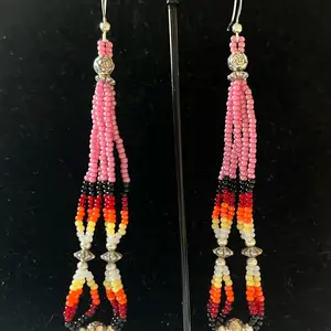 Handmade Navajo beaded earrings adorned with super pink colored seed beads, fire designed seed beads, silver alloy daisy shaoed beads and silver plated rose buds.