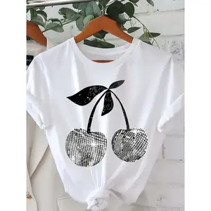 Silver Cherry Graphic Print T-Shirt, Short Sleeve Crew Neck Casual Top for Summer & Spring, Women' S Clothing